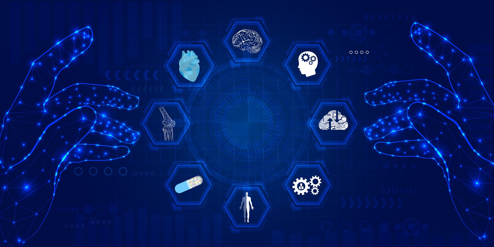 Futuristic medical cybernetic robotics technology. Human neural structure virtual hologram float away from robot hand.