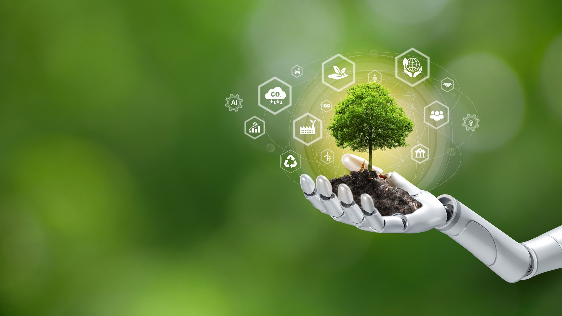 Robot planting trees with renewable tech, holding ESG icons a symbol of eco-friendly, socially responsible, and sustainable business practices to reduce pollution. Environmental technology concept.