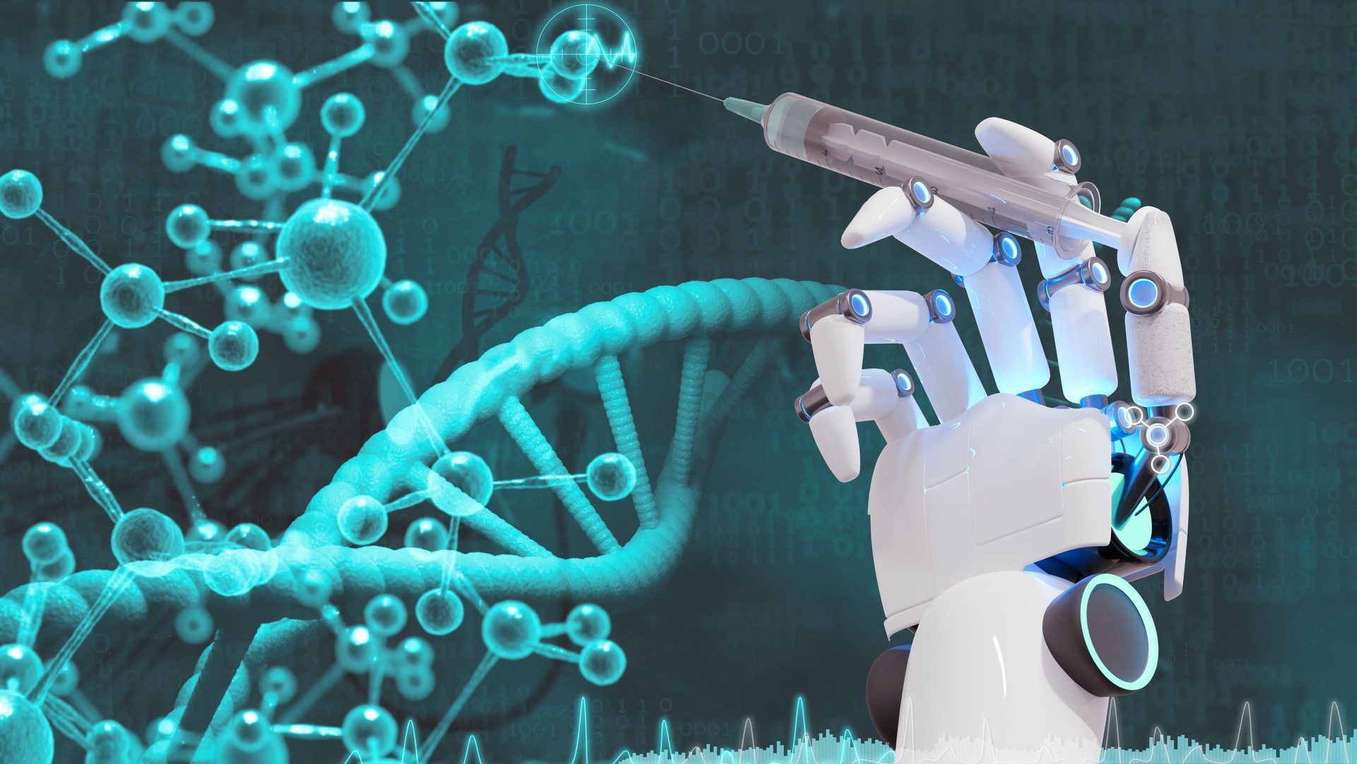 A robotic hand holds a syringe in front of a DNA molecule. The syringe is filled with medication, and the DNA molecule is a symbol of the future of medicine. 3d render.