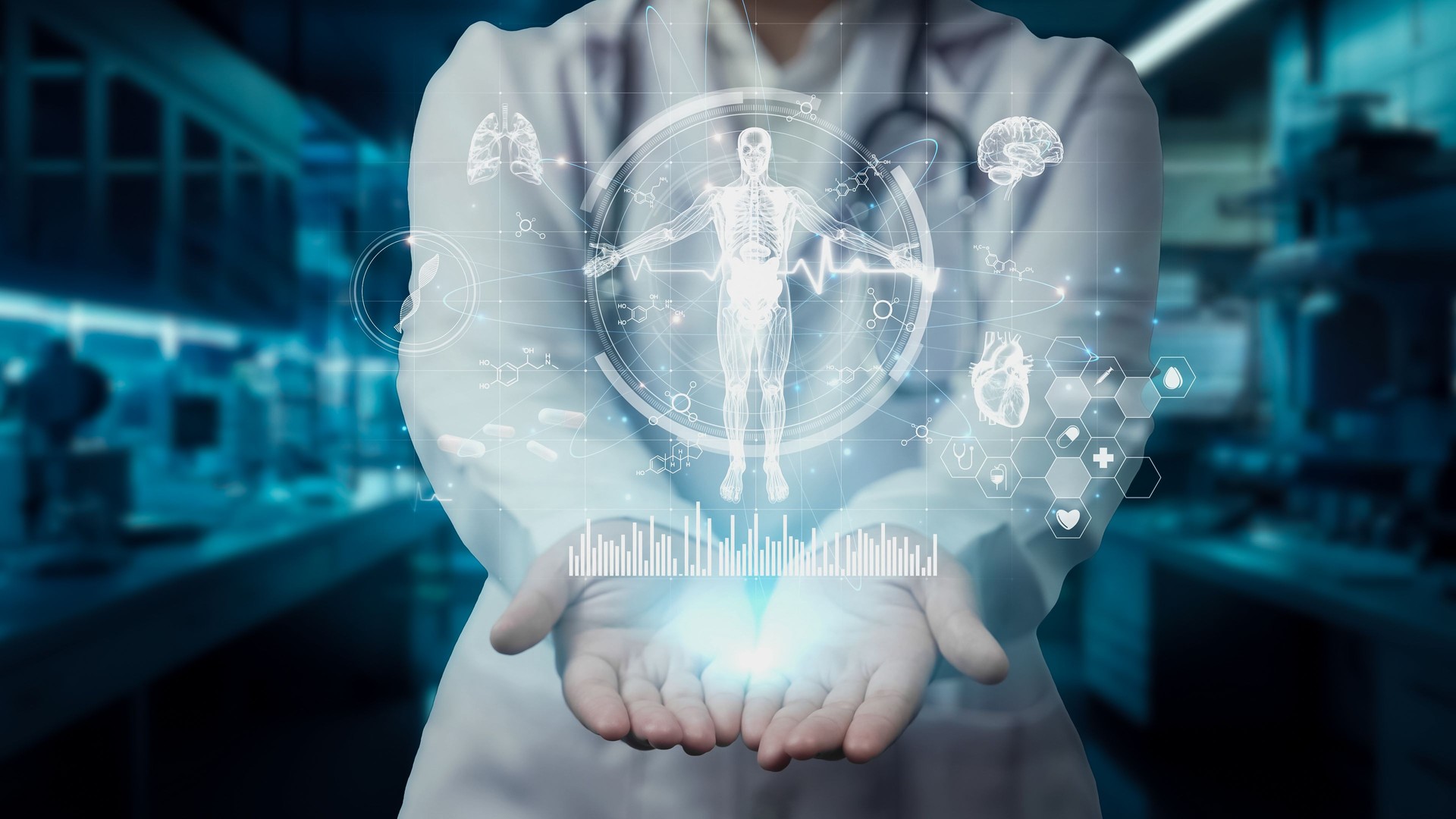 Close up of doctor holding HUD dashboard whole body hologram floating. Remedial.